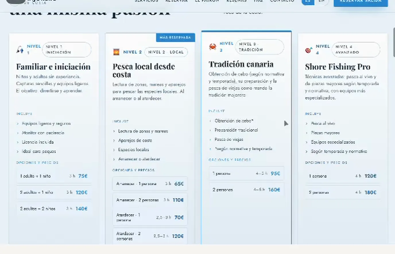 Majorero de Costa — cuatro niveles de pesca en tarjetas