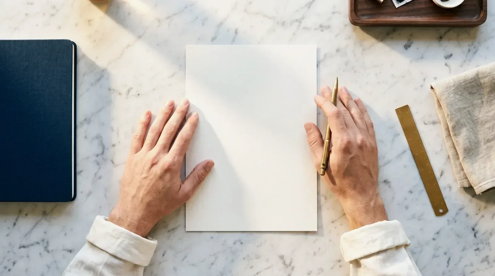 Dos manos colocando una lámina sobre una mesa de mármol, con lápiz y cuaderno