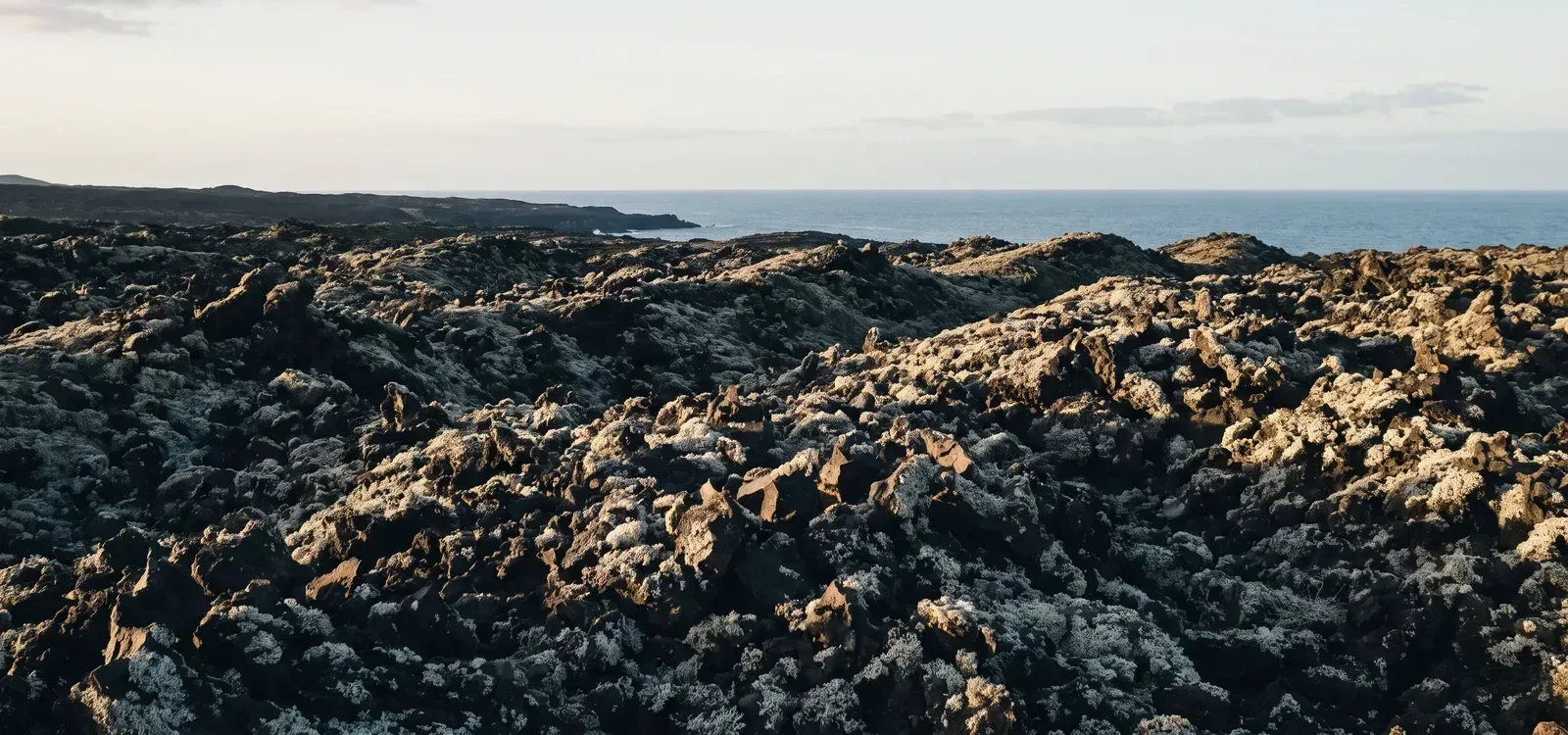 Campo de lava del malpaís canario al anochecer, con el mar y la costa recortados al fondo.