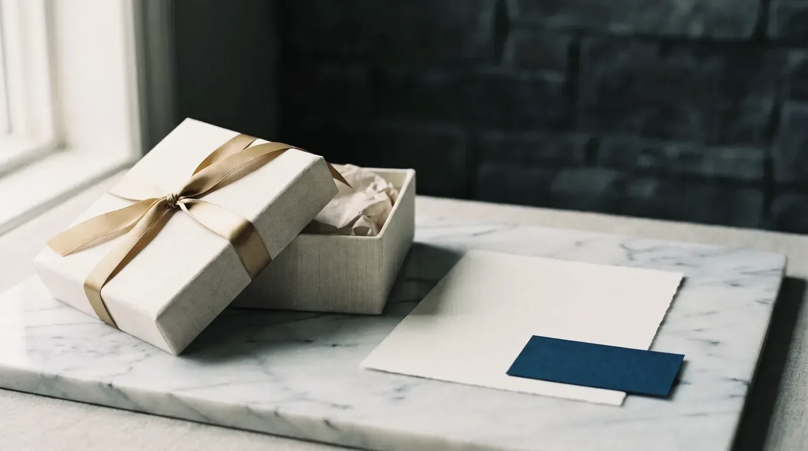 Cajas de regalo con cinta dorada sobre una encimera de mármol