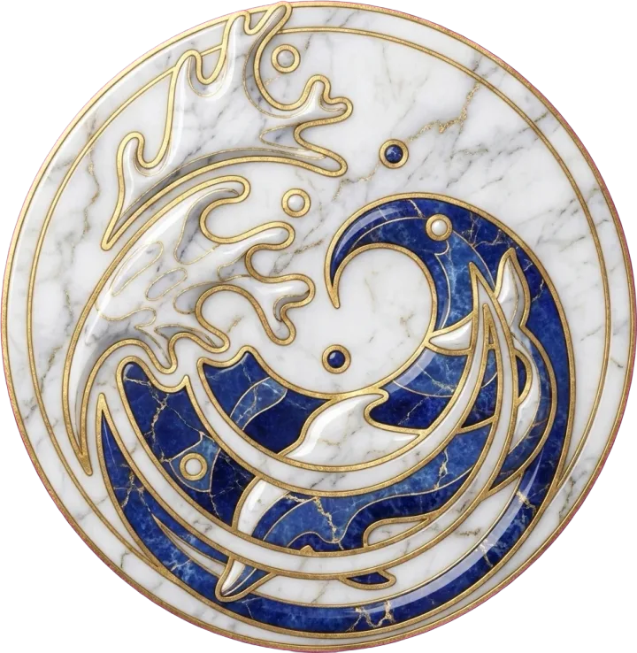 El medallón de Lavandera Design: el mismo dibujo en mármol blanco, con la línea de oro y el azul de lapislázuli.