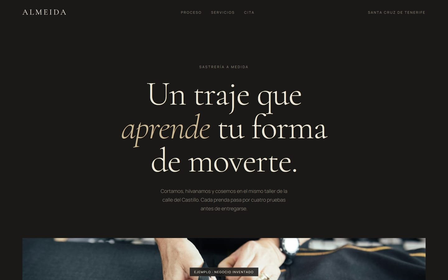 Portada de la web de Almeida, una sastrería a medida inventada en Santa Cruz de Tenerife.