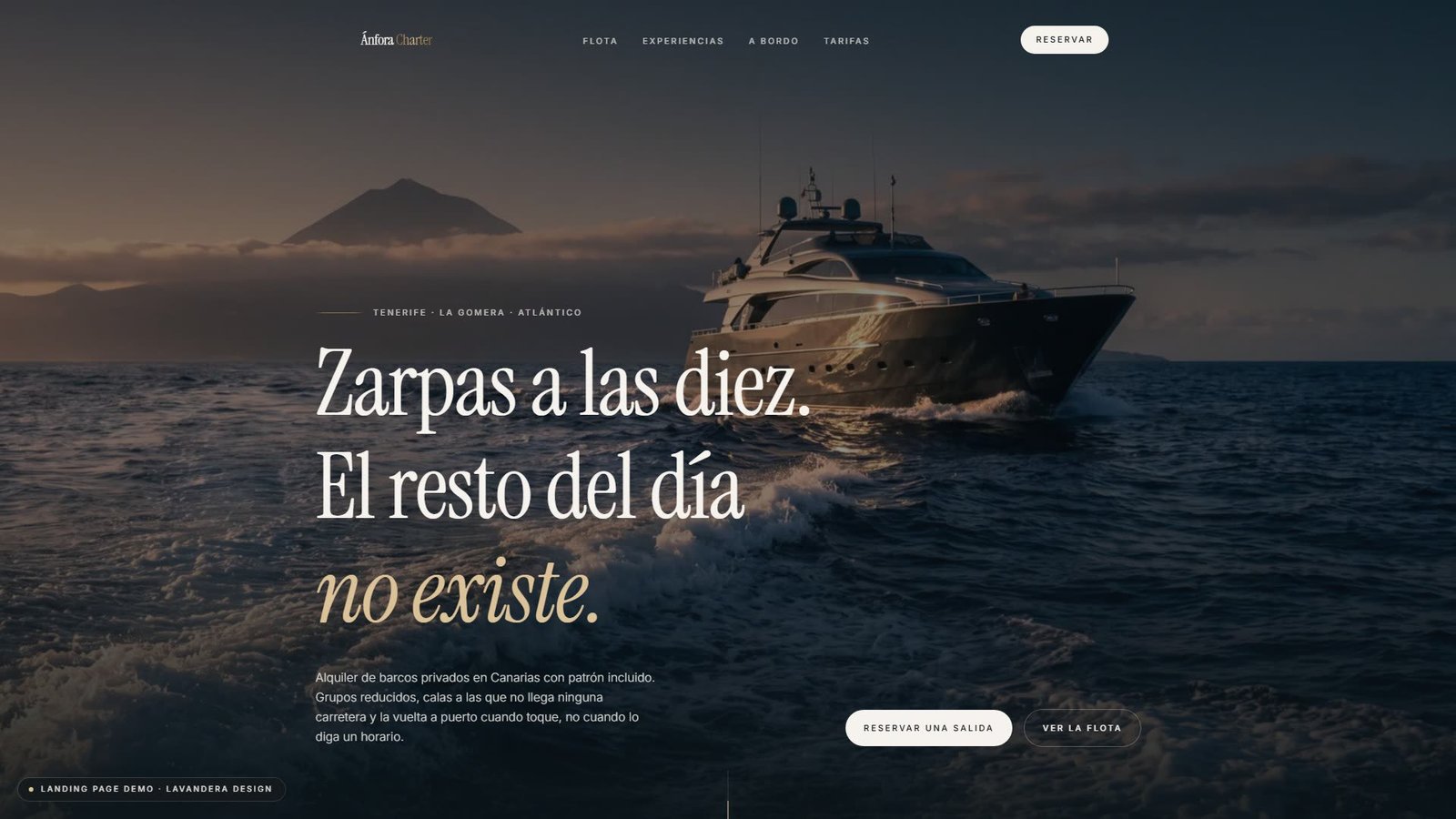 Portada de la landing page de Ánfora Charter, alquiler de barcos privados en Canarias.