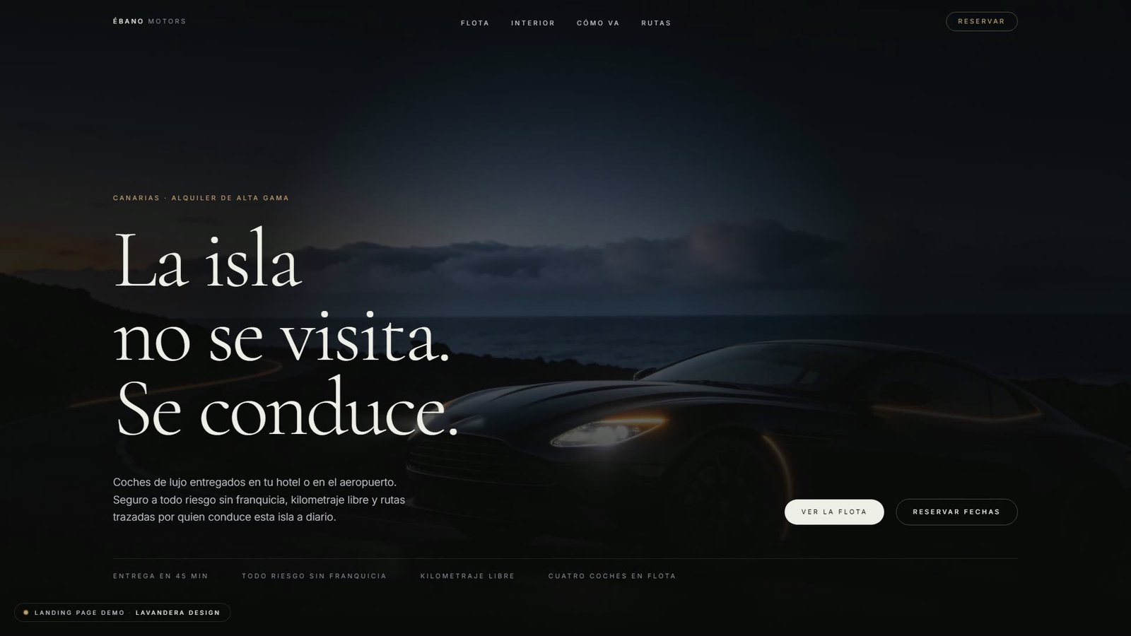 Portada de la landing page de Ébano Motors, alquiler de coches de lujo en Canarias.