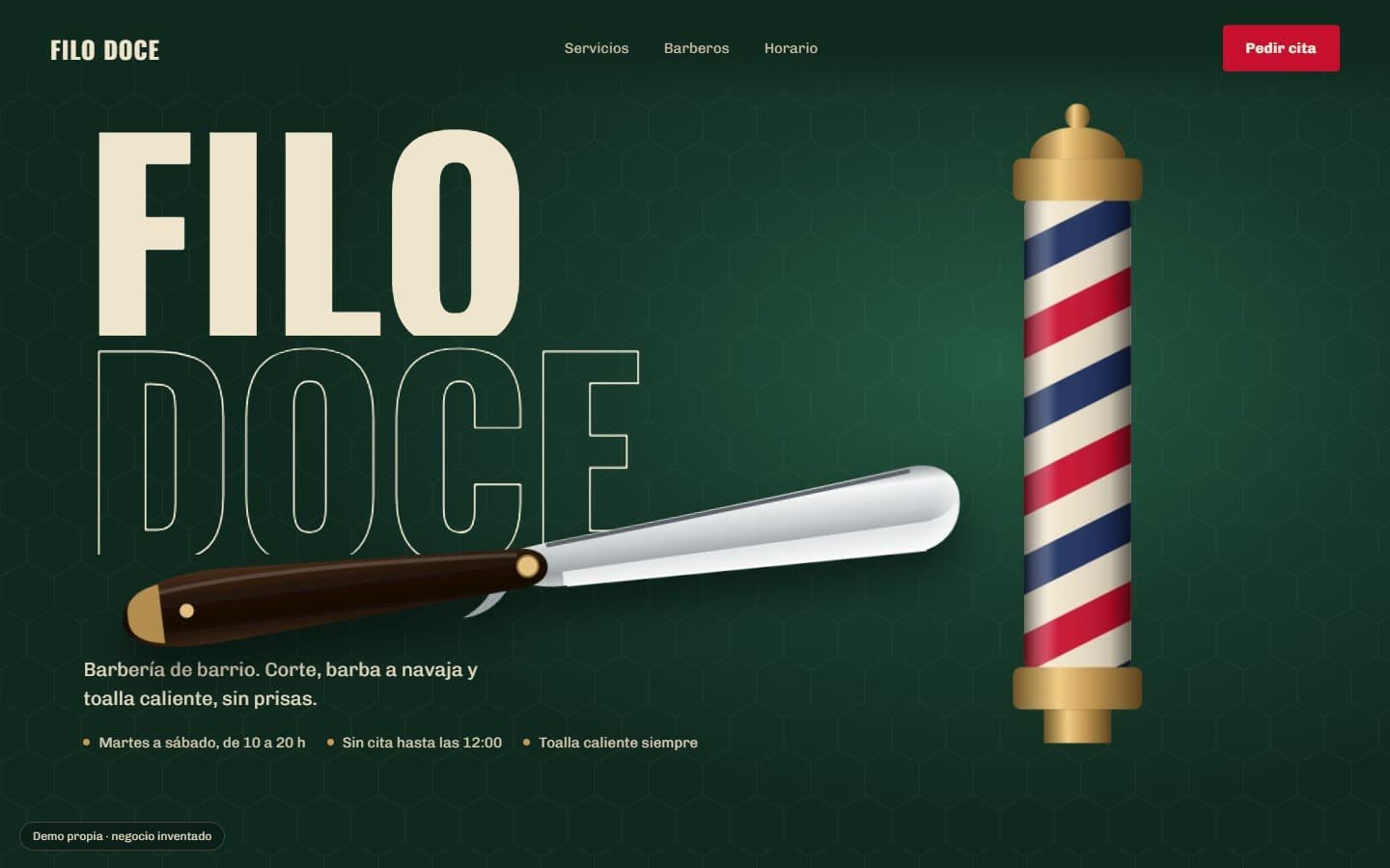 Portada de la web de Filo Doce, una barbería inventada.