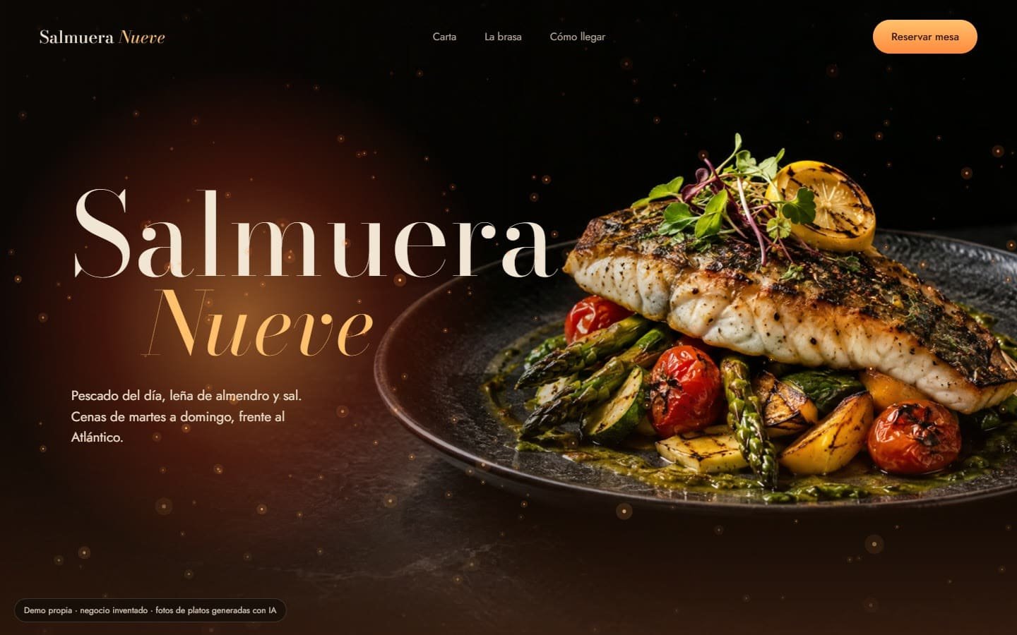 Portada de la web de Salmuera Nueve, un restaurante de brasa y mar inventado.