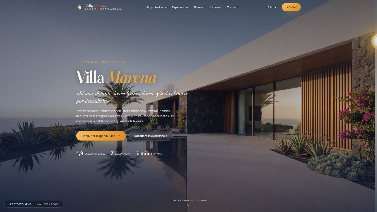 Portada de la web de Villa Marena, villa de alquiler de lujo en Fuerteventura.