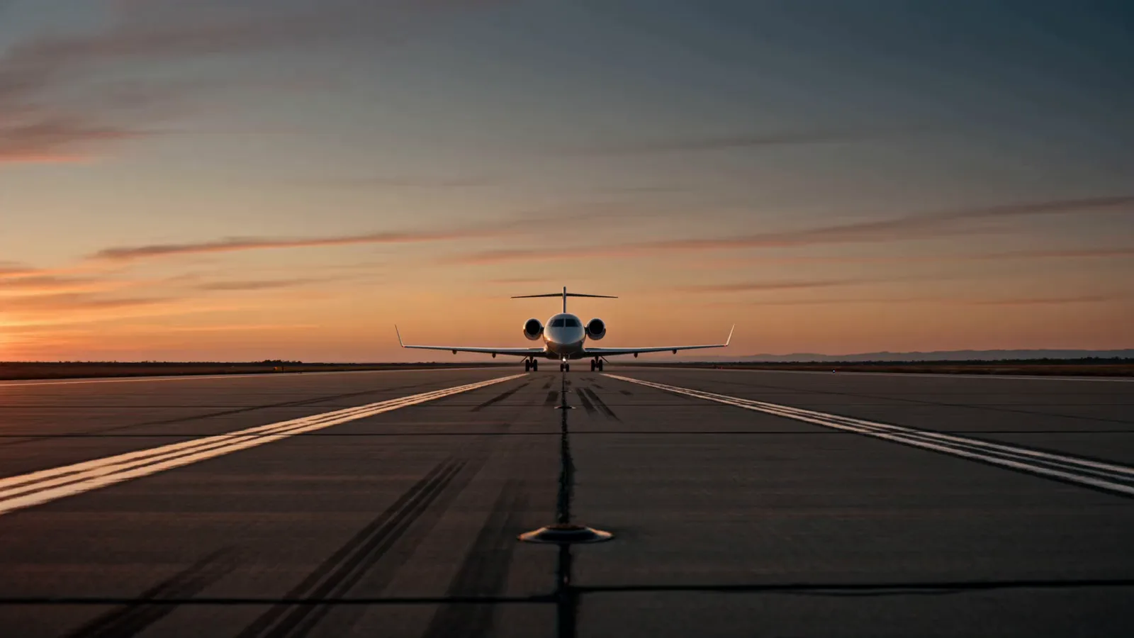 Un jet privado con la escalera bajada y la alfombra roja extendida sobre la pista de un aeropuerto al atardecer, mientras cuatro pasajeros caminan hacia él.